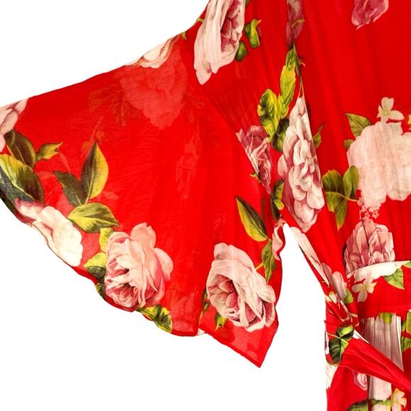 BcbgMaxazria Red Floral Maxi Dress Faux Wrap size large Flowers Tropical - Picture 8 of 13